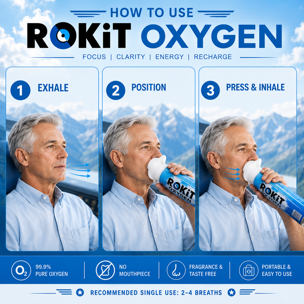 ROKiT Oxígeno 10.4L | 99.9% Oxígeno puro | Más de 220 inhalaciones | Lata portátil